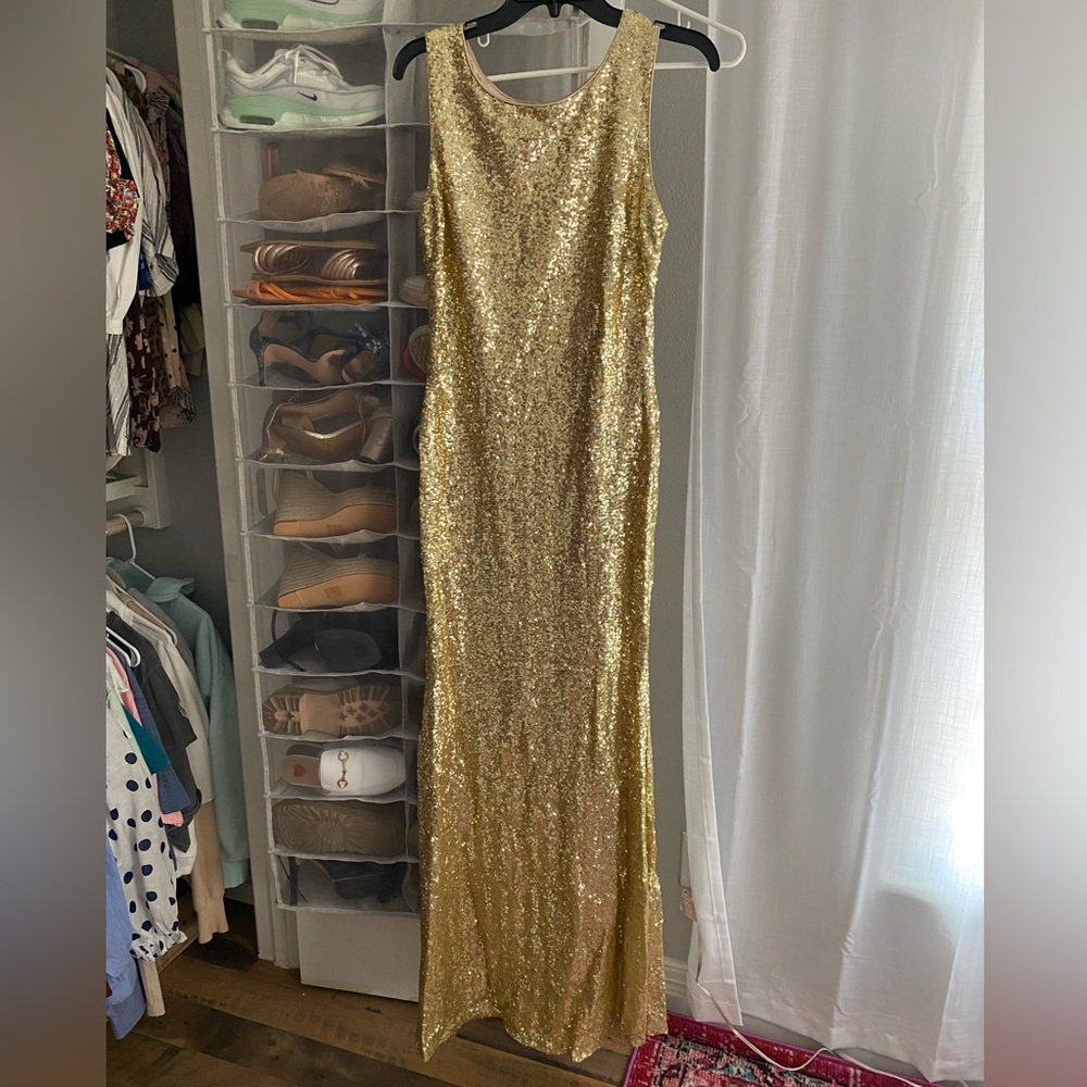 Floor Length Gold Sequin Formal Gown with Cutout Back Detail